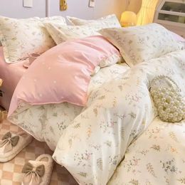 Ins Pink Flowers Bedding Set Flat Bed Sheet Pillowcase Twin Full Queen Size Nordic Bed Linen Women Girls Floral Duvet Cover Set 240329