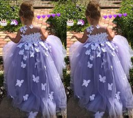 Purple 7 Year Old Ball Gown Flower Girl Dresses Tulle 3D Floral Appliques Pageant Gowns Butterfly Communion Fancy Dress Costumes9635899