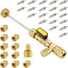 Valve Core Remover Installer Kit with 20 PCS Valve Cores and 10 PCS Brass Nuts with Dual Size SAE 1/4 & 5/16 Port for R410 R22