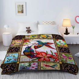 Colourful Birds Throw Blanket Flying Birds with Many Kinds of Flowers Blanket Cozy Blanket for Couch Sofa Bed