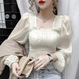 Women's Blouses Spring Long Sleeve Chiffon Short Blouse Slim Solid Colour Thin Pleated White Shirt Tops Elegant Temperament Women Clothing