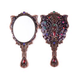 Metal Makeup Mirror with Comb Gift Box Packing Russia Vintage Butterfly Carving Womens Rhinestone Set Portable 240325