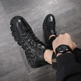 Boots 2021 Autumn Men's Ankle Boots Male Crocodile Pattern Casual Winter Plush Warm Shoes Black Laceup Short Booties Botas Hombre