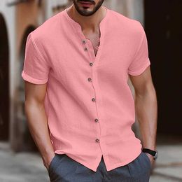 Men's Polos Cotton and linen hot selling mens short sleeved summer solid standing collar casual beach style plus size mens clothingL2405