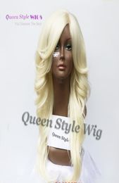 Sexy women wigs pastel blonde long wavy eversion curly Hair wig oblique fringe hairstyle wig synthetic pale blonde Colour wig3913181