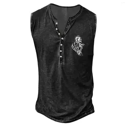 Men's Tank Tops Mens Summer Fashion Retro Old Basic Button Placket Small Print Sleeveless Shirt T Vest Digital Printed Applied