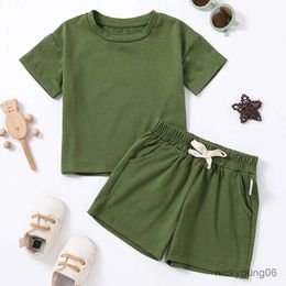 Clothing Sets 2023 Kids Solid Clothes Sets Summer Casual Short Sleeve + Elastic Waist Shorts Suits Toddler Sets for Girls Boys