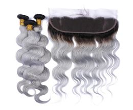 Dark Root 1BGrey Ombre Brazilian Human Hair Weaves Body Wave with 13x4 Full Lace Frontal Closure Ombre Silver Grey Virgin Hair 37512901