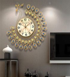 Large 3D Gold Diamond Peacock ilent Modern Wall Clock Metal Watch for Home Living Room Decoration DIY Clocks Crafts Ornaments Gift3520746