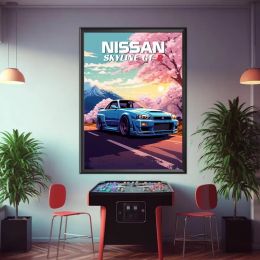 Japanese Car 1990s Classic Car Nissan Skyline GT-R R34 Retro Poster Canvas Painting Wall Art Pictures Home Interior Decor