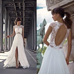 2024 Fashion Wedding Dresses Capped Sleeve Lace Split Beach Bridal Gowns Custom Made Hollow Back Sweep Train A-Line Wedding Dress