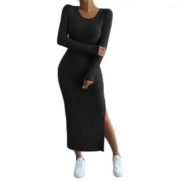 Casual Dresses Knitted Slit Dress Slim Skinny Long Sleeve Round Neck Striped Tight Waist Mid-calf Length Sexy For Women