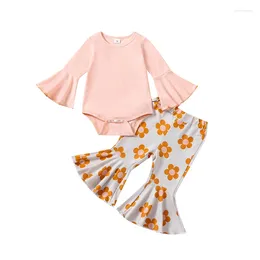 Clothing Sets 2024 0-24M Baby Girls Sweet Pink Long Flared Sleeve Romper Floral Pants Fall Casual Outfits 2pcs