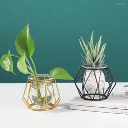 Vases Mini Hydroponic Iron Art Home Decor With Metal Bracket Geometric Design Vase Desktop Ornaments Flower Pot Succulent Container