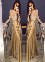 Cheap Crop Top Two Piece Prom Dresses Sexy Sheer Lace Applique Jewel Neck Long Sleeve Illusion Gold ALine Taffeta Evening Party G9948161