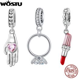 WOSTU 925 Sterling Silver Lotus Ring Lipstick Pendant Pink Heart Palm Hanging Bead Fit Original Bracelet Dangle Jewellery Making