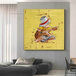 Little Boy Playing Guitar On The Beach Oil Painting Handmade Beach Seascape Canvas Painting Modern Wall Art Decor For Living Room Home