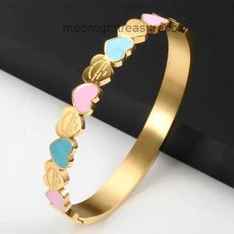 Gold Color Blue and Pink Enamel Forever Love Heart Charm Bangle bracelet for Women Girlfriend Promise Wedding Jewellry Gifts Bangle MPAG