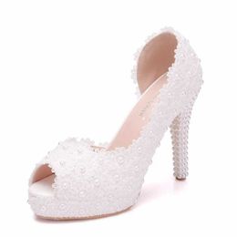 Dress Shoes Crystal Queen Women High Heels Pearls Wedding Bride Shoes11CM Sweet White Lace Platform Peep Top Pumps H240409 N7TX