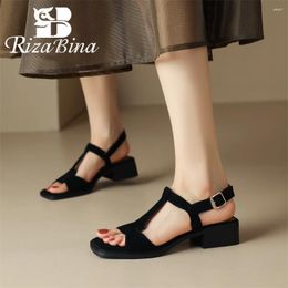 Sandals RIZABINA Genuine Leather Women Handmade Vintage Square Toe T-Tied Buckle Strap Shoes Lady Summer Beach Casual Pumps