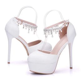 Dress Shoes Crystal Queen Woman White Wedding High Heel Round Toe Platform Ankle Pumps Bridal Prom Pearl Sandals H240409 7RPD