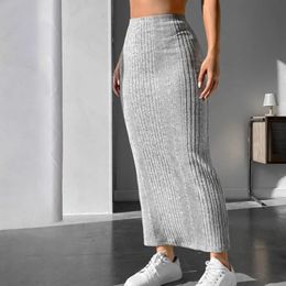 Solid Colour Slimfit Skirt Fashionable High Waist Striped Knitted Maxi for Women Warm Slim Fit Ankle 240402