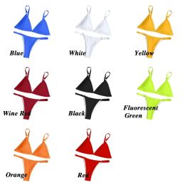 Ladies Sexy Beach Low Waist Sexy Metal Buckle Solid Color Two Piece Split Swimwear Swimsuit Bikini Set