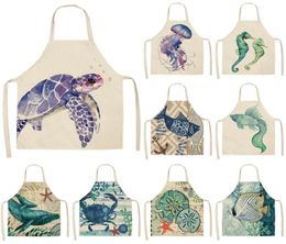 Marine Animals Printed Kitchen Aprons for Women Kids Sleeveless Cotton Linen Bibs Cooking Baking Cleaning Tools 5365cm5780278