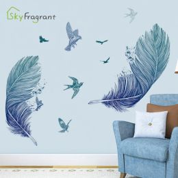 Blue Feathers Wall Stickers For Living Rooms Home Bedroom Wall Decor Room Sofa Background Self-adhesive Creative Vinyl Sticker