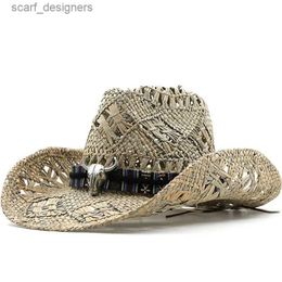 Wide Brim Hats Bucket Hats Straw Hats Panama Western Cowboy Straw Women Men Summer Hat Jazz Caps Beach Windproof Rope Cap Out Shading Wide Brim Hat Y240409AX7Z