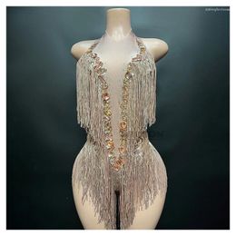 Stage Wear Latin Dresses For Women Dance Skirt Tango Salsa Gogo Costume Sexy Sparkling Diamonds Fringe Jumpsuit Tassel Dress