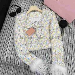 Designer Women's Jackets Coats 24 Year Early Spring New Style Temperament Water Diamond Woven Round Neck Cuff White Ostrich Hair Short Coat Luxury woman clothing