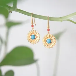 Dangle Earrings Ancient Gold Craft Court Style Vintage Inlaid Turquoise For Women Hanfu Jewelry Round Fresh Daisies Eardrop