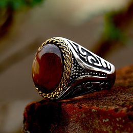 Vintage Man Boy Oval Brown Tiger Eye Stone Rings Punk 14K Gold Carved Ring Fashion Gothic Biker Jewellery Gift Accessories