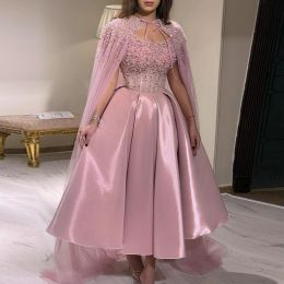 Sharon Said Arabic Turquoise Short Midi Women Party Dress Luxury Dubai Pink Ankle Length Evening Dresses with Cape