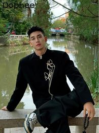 Men's Suits Fashion Chinese Style Embroidered Butterfly Suit Jackets Spring Autumn Stand Collar High-End Solid Color