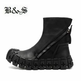 Boots Black& Street Retro Dual Zipper Tyre Sole Personalized Boots Genuine Leather Rock Denim West Botas