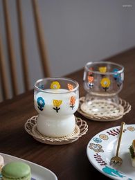 Wine Glasses Stackable Heat Resistant Glass Tumbler Cup With Cute Flowers Prints 250ml 8oz Milk Coffee Tea Water Cups 1 Pc