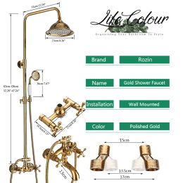 Rozin Gold Bathroom Shower Faucet Set Wall Mounted Brass Shower Faucet with Tub Spout Hot and Cold Water Dual Handles Mixer Tap