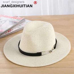 Wide Brim Hats Bucket Hats 2018 New Summer Sun Hat Ladies Wide Brim Metal Belt Straw Hats Panama Hats Women Solid Colour Straw Beach Hats Y240409