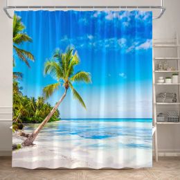 Ocean Beach Shower Curtains Island Tropical Plants Coconut Trees Nature Landscape Wall Hanging Cloth Home Bathroom Curtain Decor