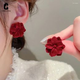 Stud Earrings Autumn Winter Vintage Fashion Simple Cute Wine Red Velvet Rose Flower For Women Elegant Jewelry Daily Accessories