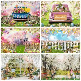 Spring Easter Photography Backdrop Green Grass Rainbow Truck Colourful Eggs Flowers Forest Rabbit Background Photo Studio Props