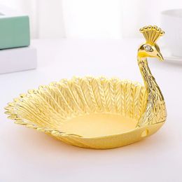 Pretty Gold Peacock Fruit Plate Luxury Zinc Alloy Tray Delicate Storage Plate for Candy Trinket Jewelry Snack Serving Home Decor 240326