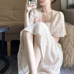 French Style Hollowed Out Lace Dress 2024 Summer Lady Light and Mature Slim Square Neck Long for Women