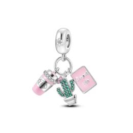 2023 New 925 Sterling Silver Pink Tea Cup Dangle Charms Love Pet Bag Beads Fit DIY fine Original Pandora Bracelet By Women Gift