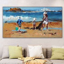 Woman And Kids Playing On the Beach Canvas Painting Beach Scape Hand Painted Oil Painting Contemporary Seascape Wall Art Decor For Home