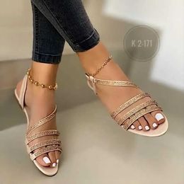 Sandals Summer Fashion Rhinestone Womens Shoes One Word Large Size Flat Beach Women Sandalias Mujer H240409 EG3G