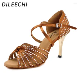 Dance Shoes DILEECHI Satin Upper Rhinestones Sandals Latin Ballroom Women Gold Heel 85mm Girls Black Bro