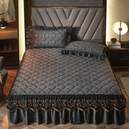 Nordic Bed Skirt Luxury Bed Cover Lace Embroidery Crystal Velvet King Ruffle Wrap Easy Fit Thicken Quilted Double Bedspread